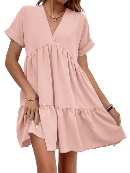 

roll cuff ruffle hem solid dress m9xd#, Black;gray