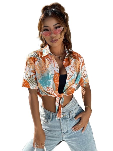 

tropical print button front collared crop blouse m7c6#, White