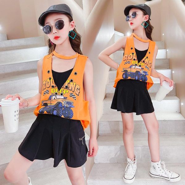 

clothing sets 2022 girls summer vest loose thin sleeveless cartoon t-shirt, big children's fashionable skirt three-piece suit kids clot, White