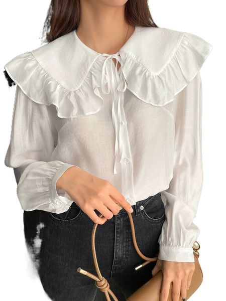 

dazy solid peter pan collar tie neck bishop sleeve blouse h7ry#, White