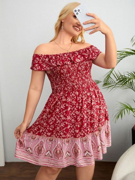 

plus floral print shirred bardot ruffle hem dress p5qh#, Black