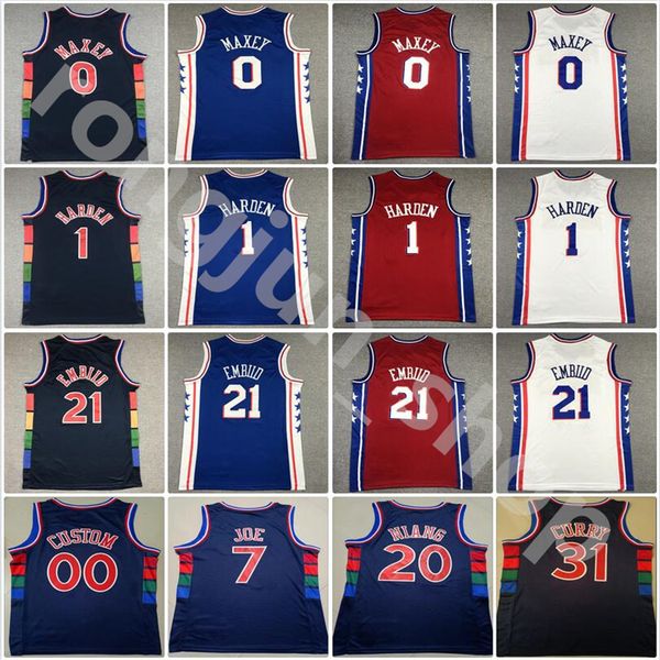 

2022 men 75th basketball james harden 1 jerseys joel embiid 21 tyrese maxey 0 georges niang 20 isaiah joe 7 edition red blue white stitched, Black;red