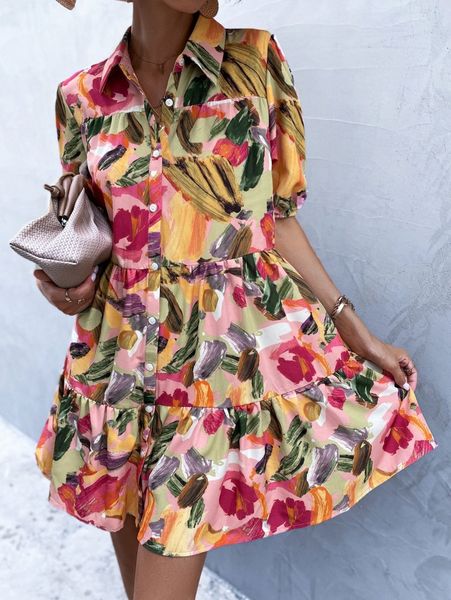 

brush print puff sleeve smock dress i9m7#, Black;gray