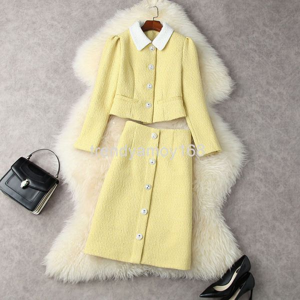 

women's two piece pants autumn winter women's single breasted short lapel jacket + tweed high waist a-line skirt set t12675, White