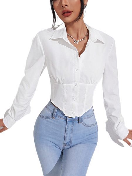 

solid button front crop shirt a393#, White