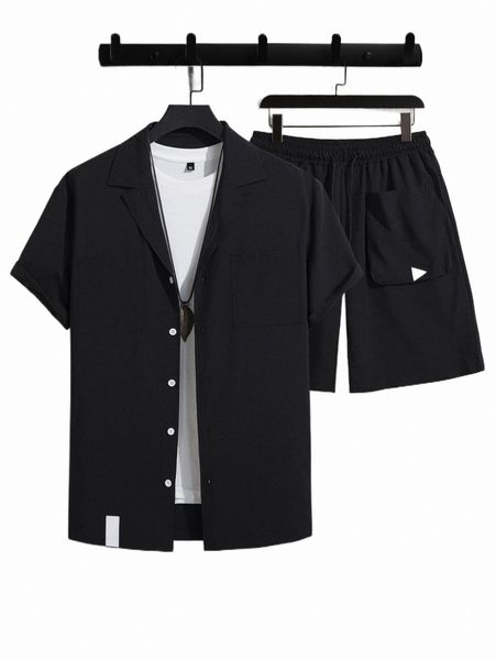 

men patch detail shirt & drawstring waist shorts without tee p6xn#, Gray