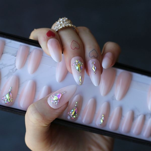 

press on nails custom private label luxury crystal babybommer almond ombre fake nails nude natural false nails with box 220725, Red;gold
