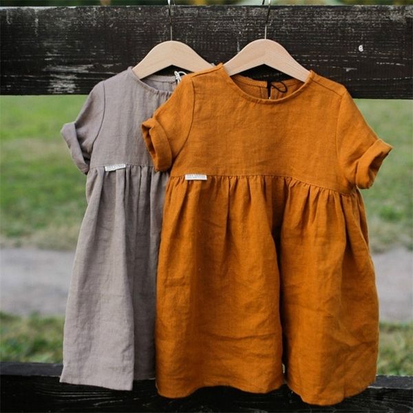 

girls cotton and linen dress solid color children's casual short-sleeve pleated dresses wt016 220422, Red;yellow
