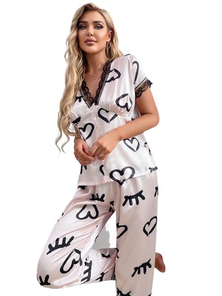 

heart print contrast lace satin pj set s6cg#, Black;red