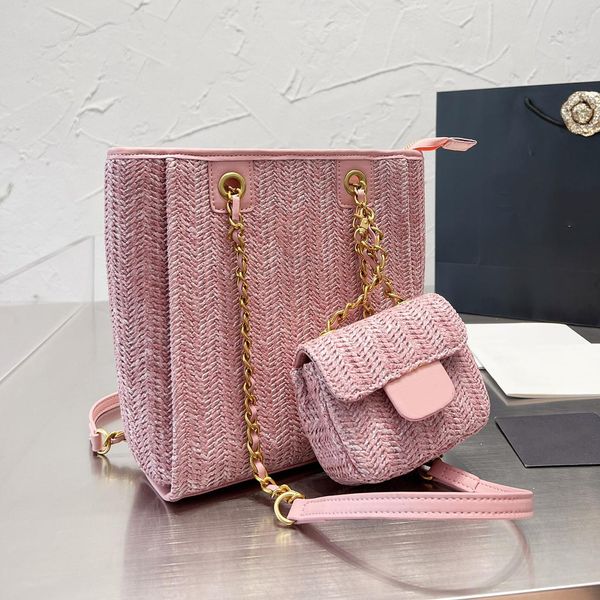 

2022 french beach shopping bags straw canvas classic gold metal chain large capacity with mini coin flap bag designer luxury outdoor handbag