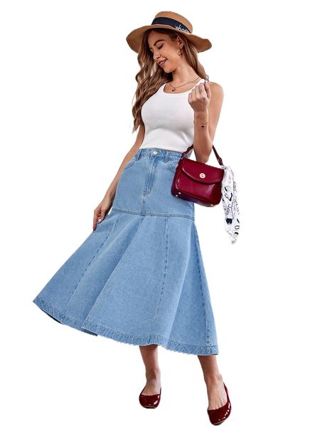 

high waist mermaid hem denim skirt 44go#, Black