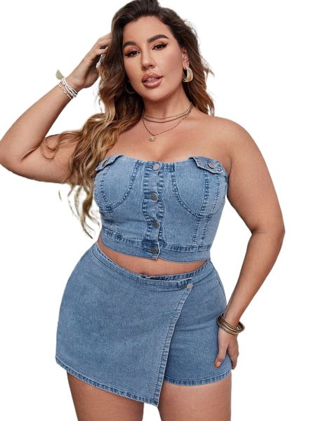 

plus single breasted crop tube denim & skort i6xv#, White