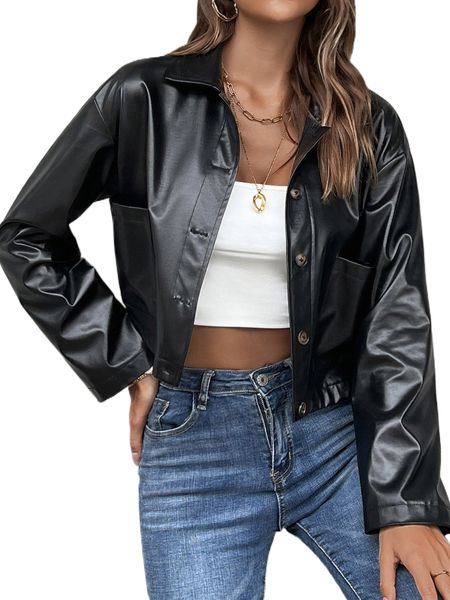 

dual pocket drop shoulder crop pu jacket 58ni#, Black;brown