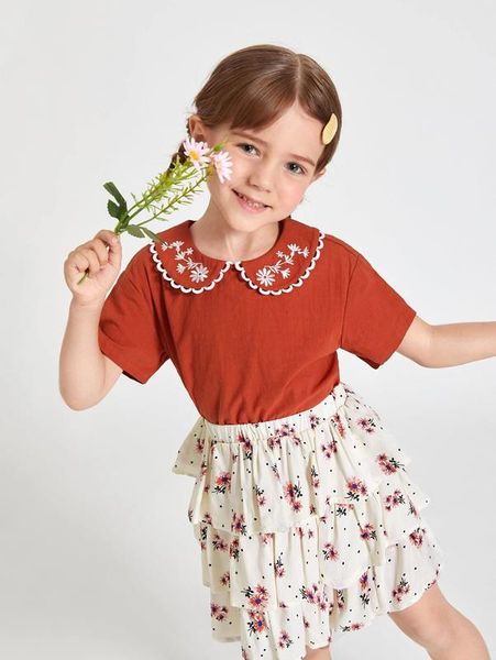 

toddler girls embroidery doll collar tee & floral layered skirt she, White