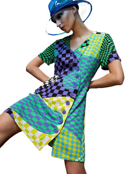 

x elisa arienti color-block checkered v-neck button through dress w6ex#, Black;gray