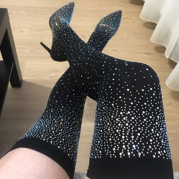 

fashion women over the knee high thigh sock boots 11.5cm high heels crystal diamond stripper long thigh pleaser boots shoes 220817, Black