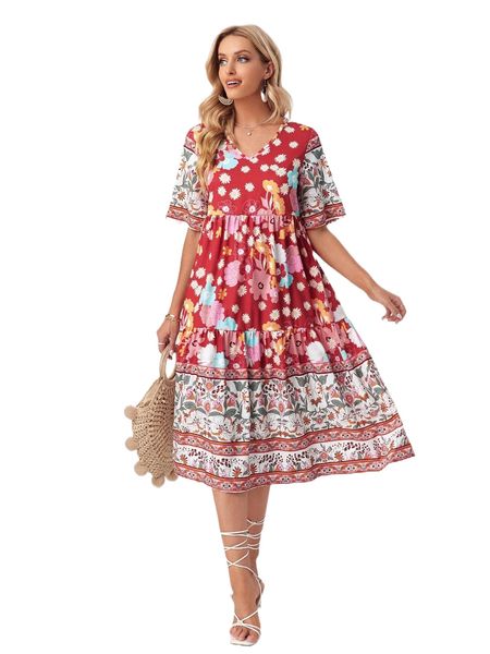 

emery rose floral print ruffle hem smock dress e8ll#, Black;gray