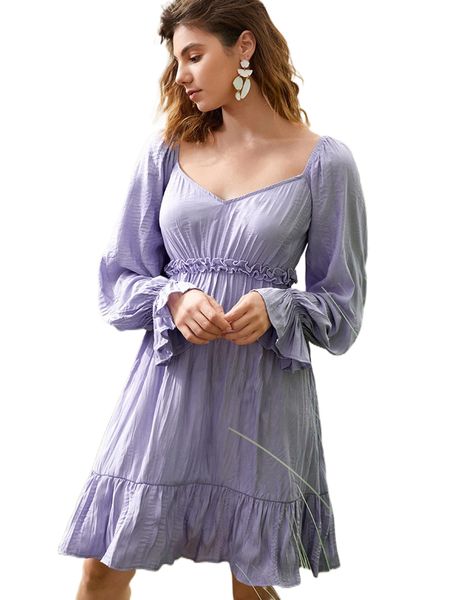 

sweetheart neck flounce sleeve frill trim dress v0le#, Black;gray