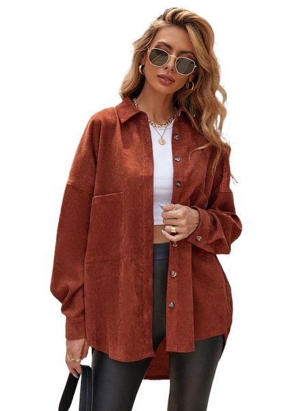 

solid button front pocket detail corduroy coat m0es#, Black