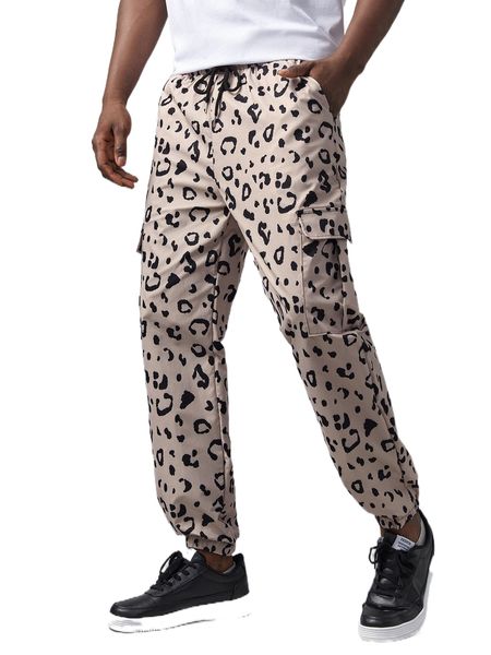 

romwe guys leopard print drawstring cargo pants c9uk#, Black