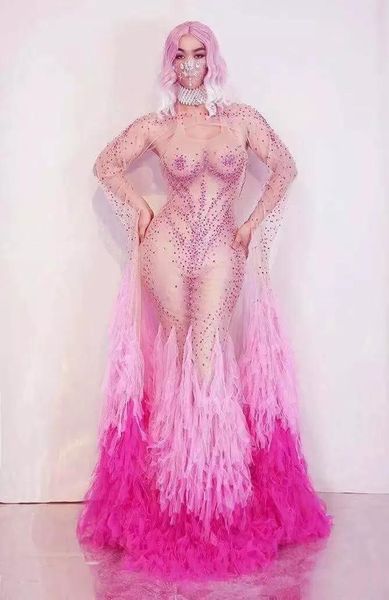 Desgaste do palco roupas de aniversário para mulheres vestido de noite rosa sexy show vestidos longos comemorar a cantora dançarina fantasia