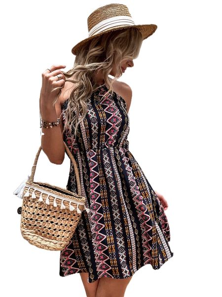 

g.eo print backless h.alter d.ress q0ju#, Black;gray