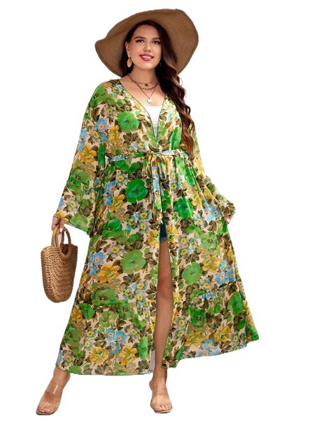 

plus allover floral print belted kimono 22or#, Black;gray