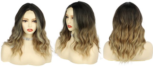 Yeni seksi kısa sarışın kahverengi orta kısım ombre dalgalı küçük dantel kadın cosplay partisi sentetik saç perukları