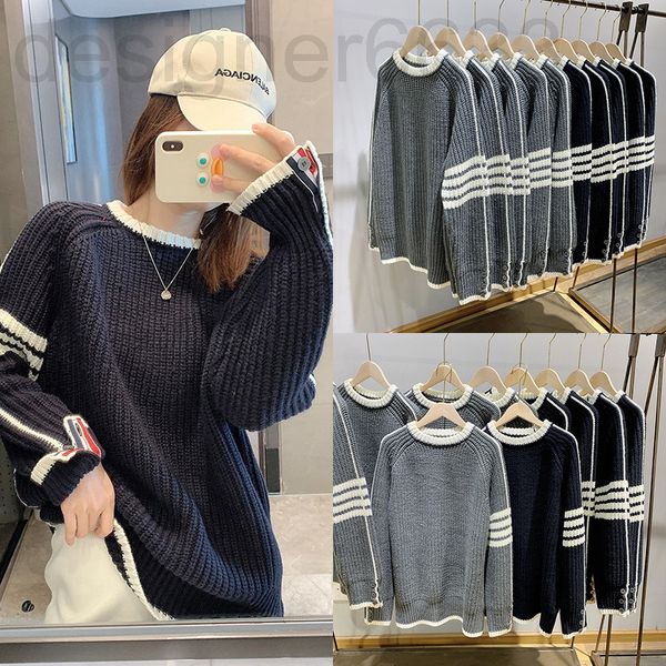 

women's knits & tees designer navy blue fancy thick sweater tb is an outstanding ened needle loose college style wool knitted woman 90w, White