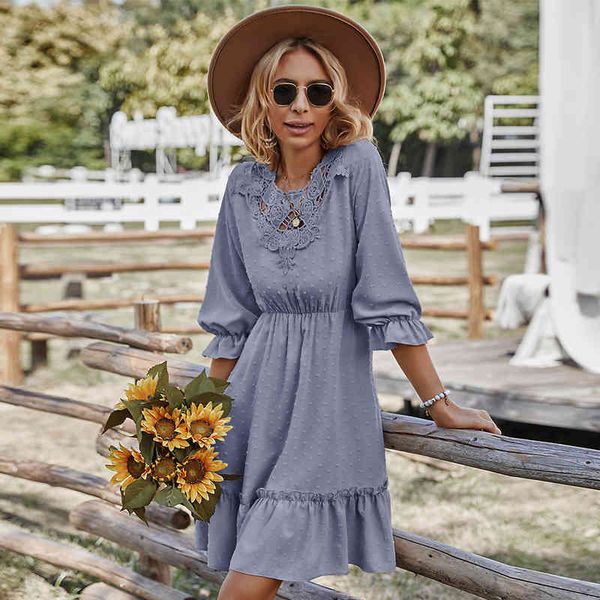 

casual dresses lace stitching dress women summer casual ruffle big hem beach dress elegant black half sleeve mini a-line party dresses 2022, Black;gray