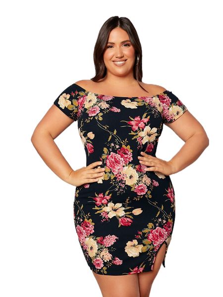 

plus floral print off shoulder split hem bodycon dress q5pl#, Black