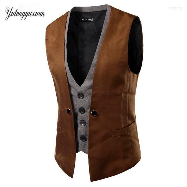 Moda Mens Vesto Falso Duas Peças Coloque Gilet Sleeveless Slim Fit Jacket Single Soltleted Masculino Business Suno de Negócios Guin22