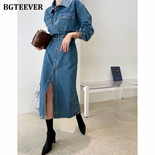 

bgteever fashion chic lapel women denim dress full sleeve single-breasted pockets slim waist mid-length female jeans dress 2021, Black;gray