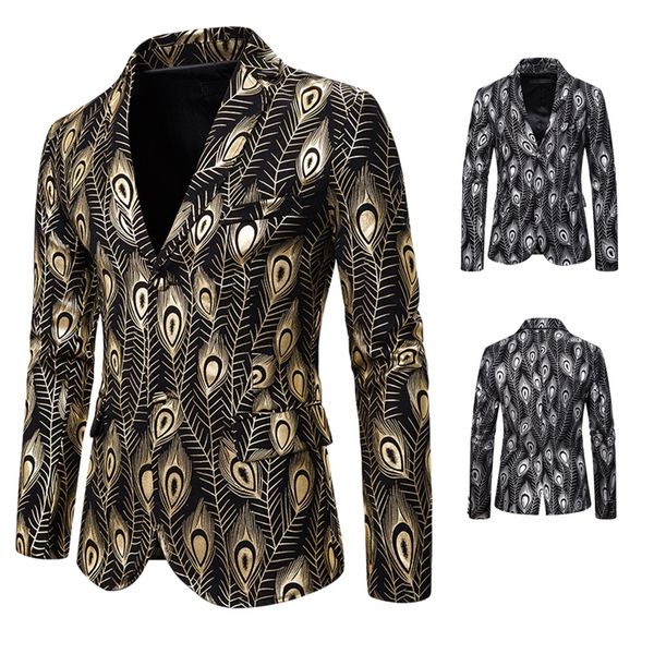 

men's suits blazers men feather stamping golden printed blazer dj club stage wedding sport suit slim formal fit casual blazer 220826, White;black