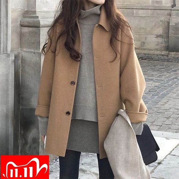 

autumn women wool coat long sleeve single breasted fashion turn down female blends causal loose winter outwear 2020 lj201106, Black