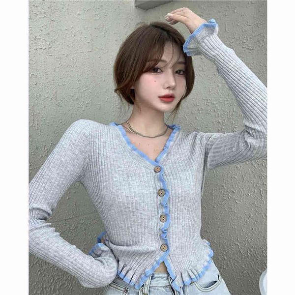 

ruffle gray knitted cardigan womens spring single breasted sweters for women longsleeved jacket slim short 210506, White