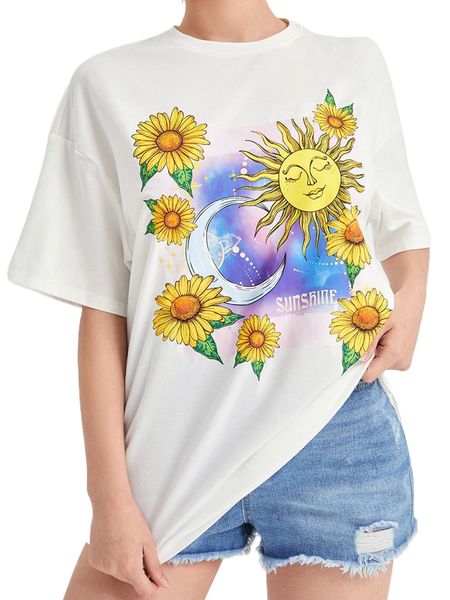 

floral & graphic print drop shoulder tee i5jl#, White