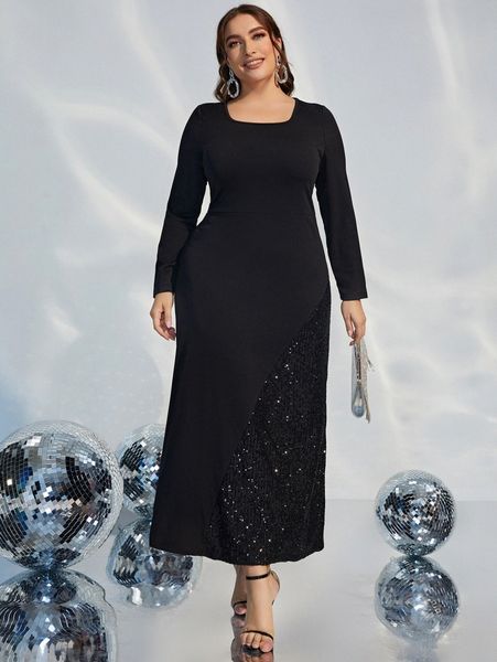 

plus square neck contrast sequin dress 06xq#, Black