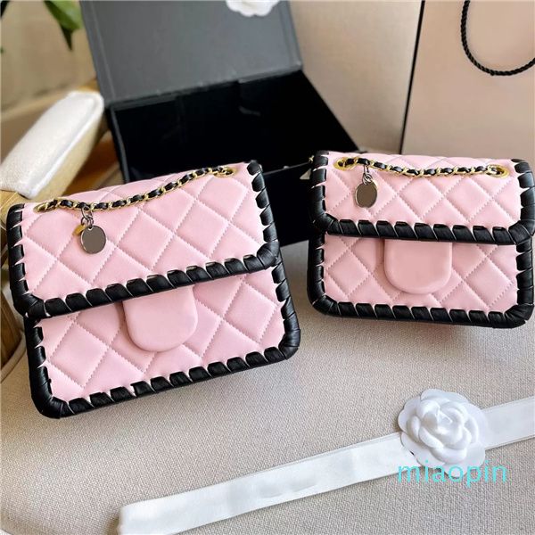 

22Ss Mini Braided Tofu Flap Bag Calfskin Sequined Contrast Color Design Classic Quilted Hardware Chain Crossbody Shoulder Bag Designer Luxury, Pink