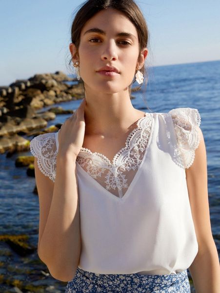 

contrast embroidery mesh scallop trim blouse t0vq#, White