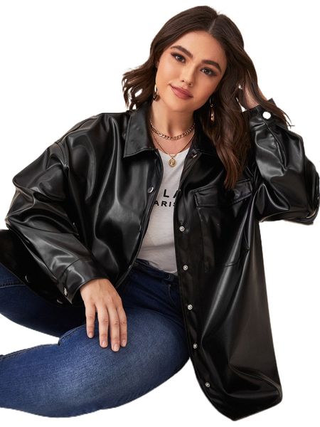 

plus flap pocket drop shoulder pu leather coat e5am#, Black