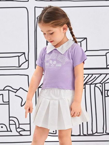 

toddler girls letter and tennis racket print tee & pleated skirt she, White