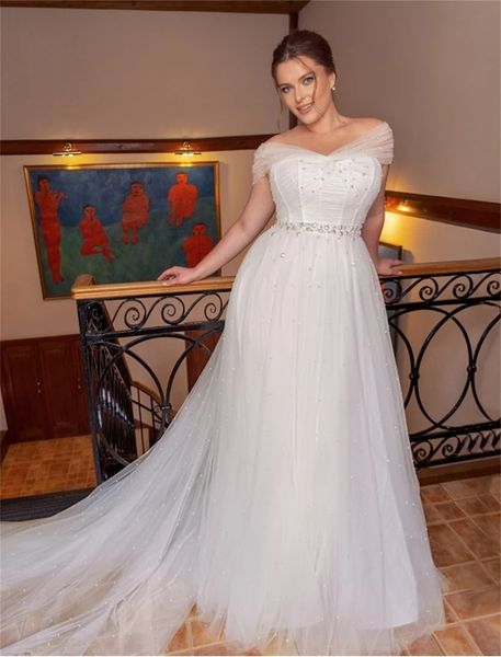 

plus size wedding gowns off the shoulder sweep train a line beach bridal dress pearls belt lace vestidos de novia, White