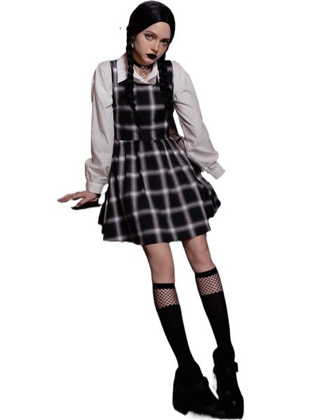 

romwe dark academia 1pc plaid dress u7kn#, Black;gray