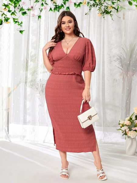 

plus deep v neck shirred lettuce trim split hem dress 93ar#, Black