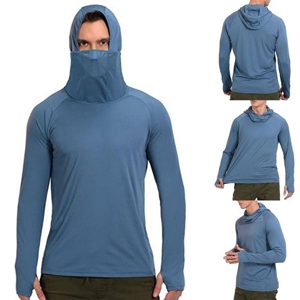 Camisa de pesca com capuz homens fino leve elástico polegar buraco superior para caminhadas ao ar livre escalada ciclismo camisa de pesca respirável 220813
