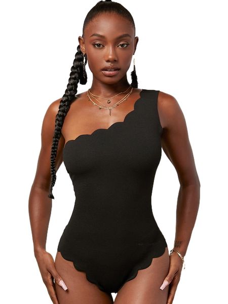 

scallop trim one shoulder bodysuit d48x#, White