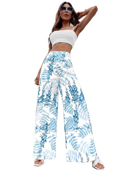 

plants print wide leg pants q1jh#, Black;white