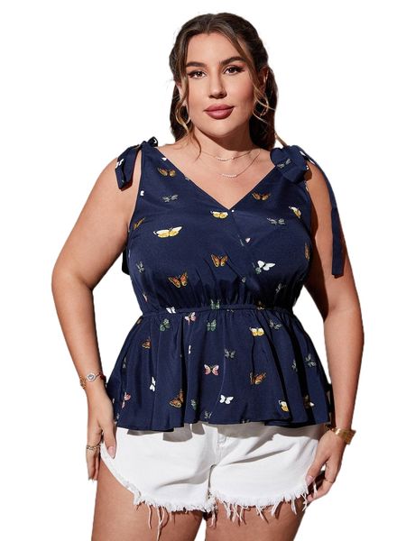 

plus butterfly print tie shoulder peplum tank g9wd#, Black