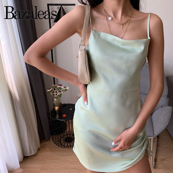 

bazaleas like silk strap summer dress slim vestidos vintage side drawstring fashion satin beach dress drop y200101, White;black